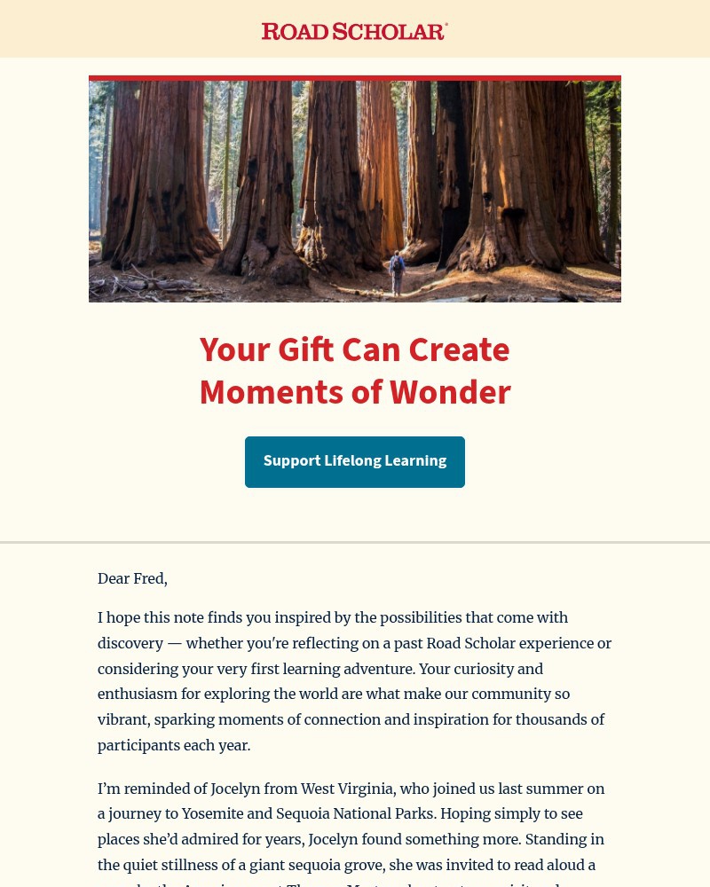 Screenshot of email sent to a Road Scholar Newsletter subscriber