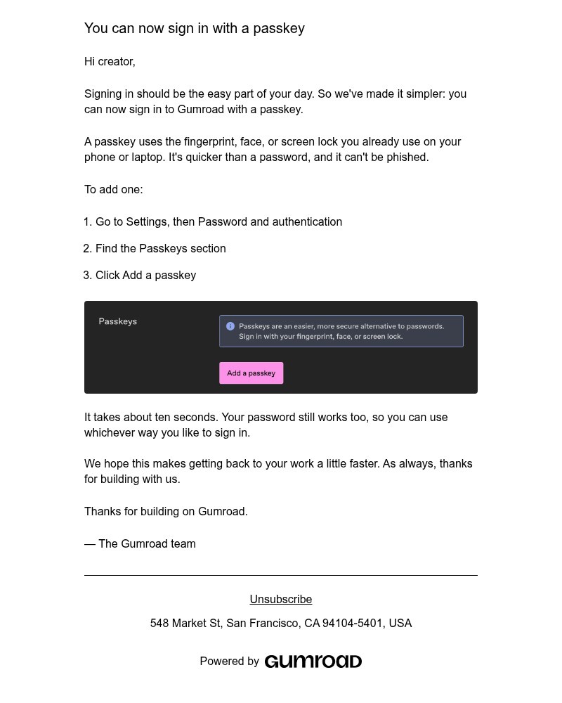 Screenshot of email sent to a Gumroad Registered user