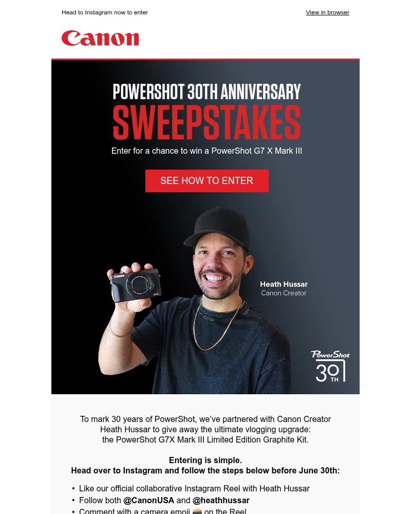 Screenshot of email sent to a Canon Newsletter subscriber