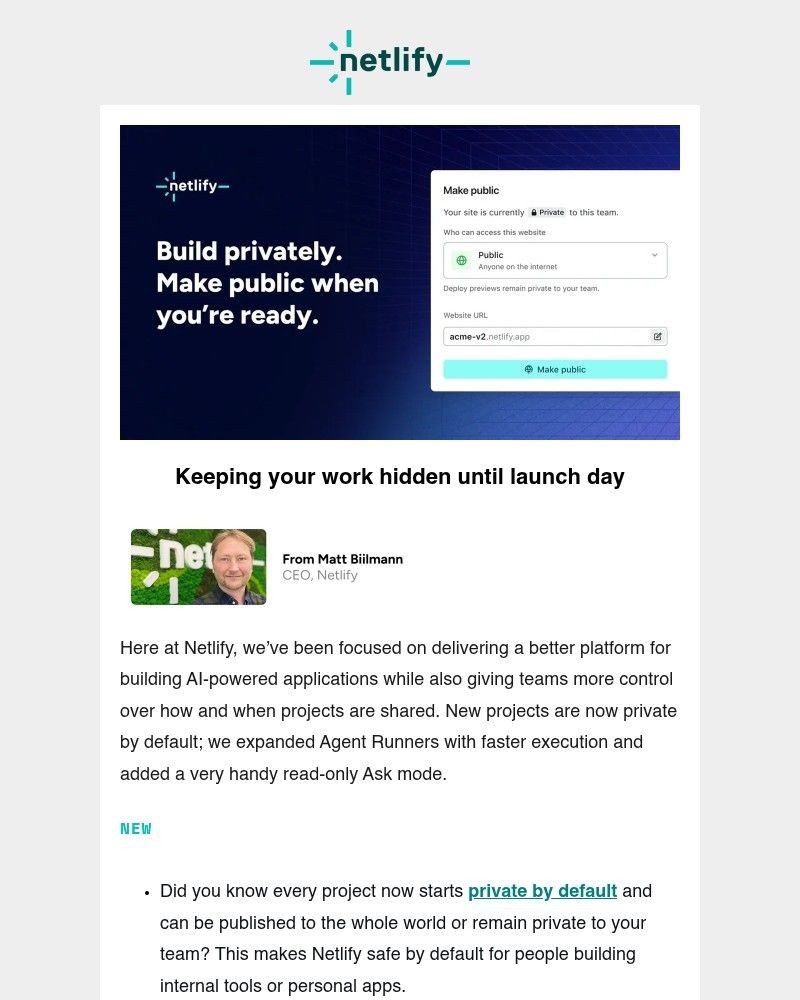 Screenshot of email sent to a Netlify Newsletter subscriber