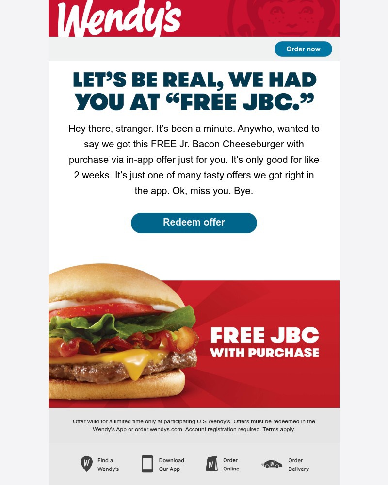 Screenshot of email sent to a Wendy’s Registered user
