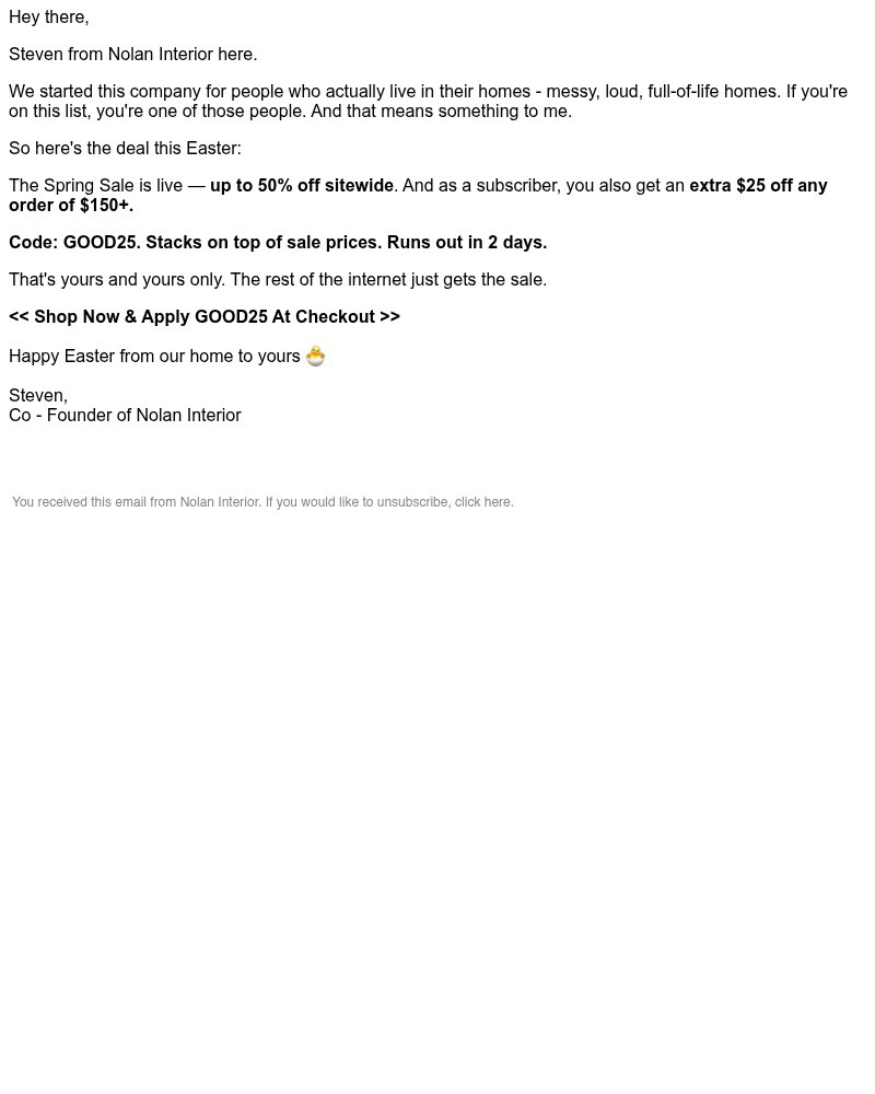 Screenshot of email sent to a Nolan Interior Newsletter subscriber
