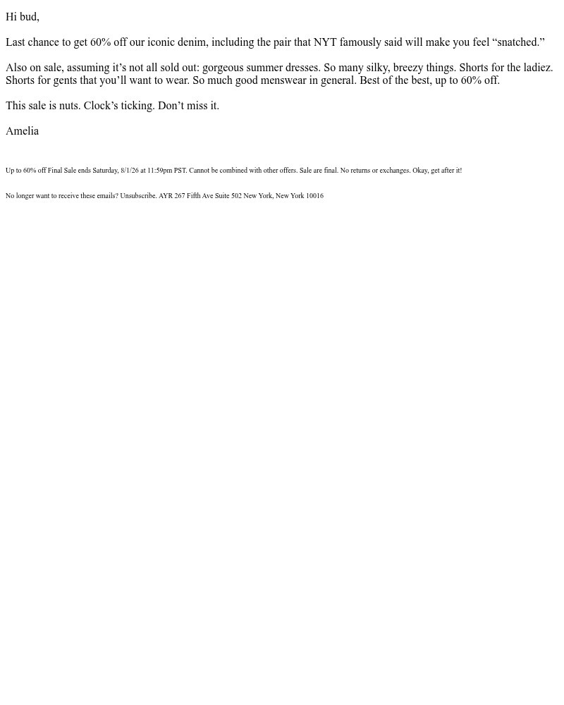 Screenshot of email sent to a AYR Newsletter subscriber