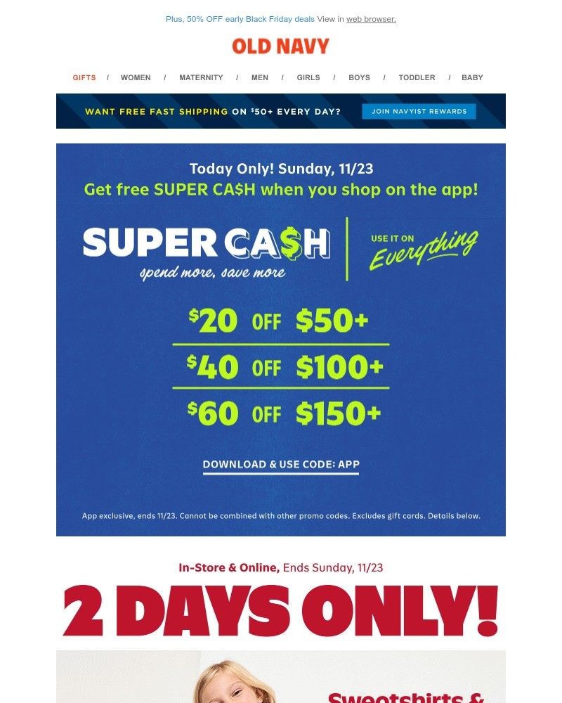 Screenshot of email sent to a Old Navy Newsletter subscriber