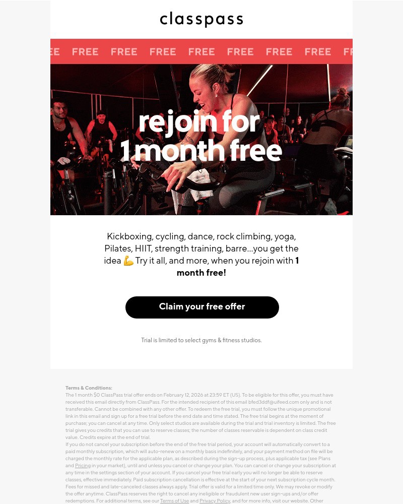 Screenshot of email sent to a ClassPass Registered user