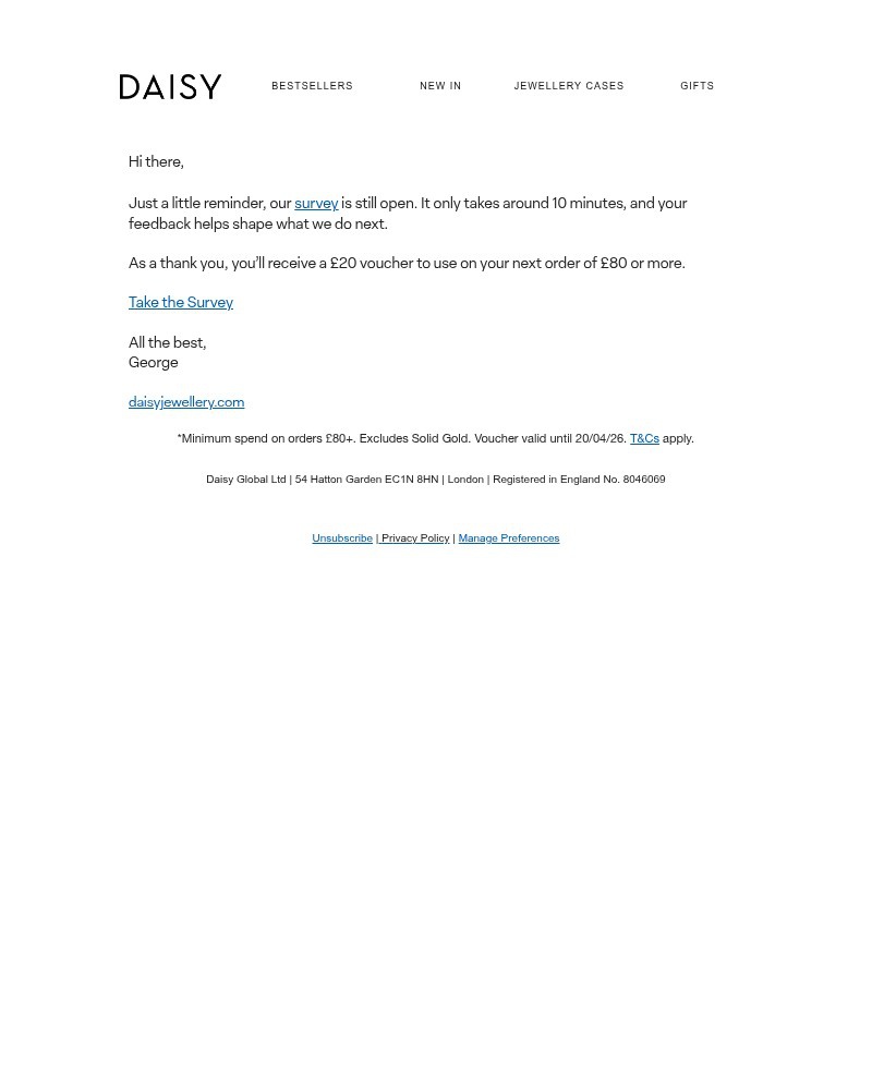 Screenshot of email sent to a Daisy Jewellery Newsletter subscriber