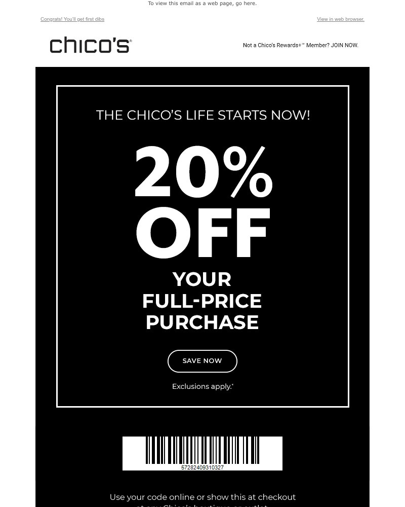 Screenshot of email sent to a Chico’s Newsletter subscriber