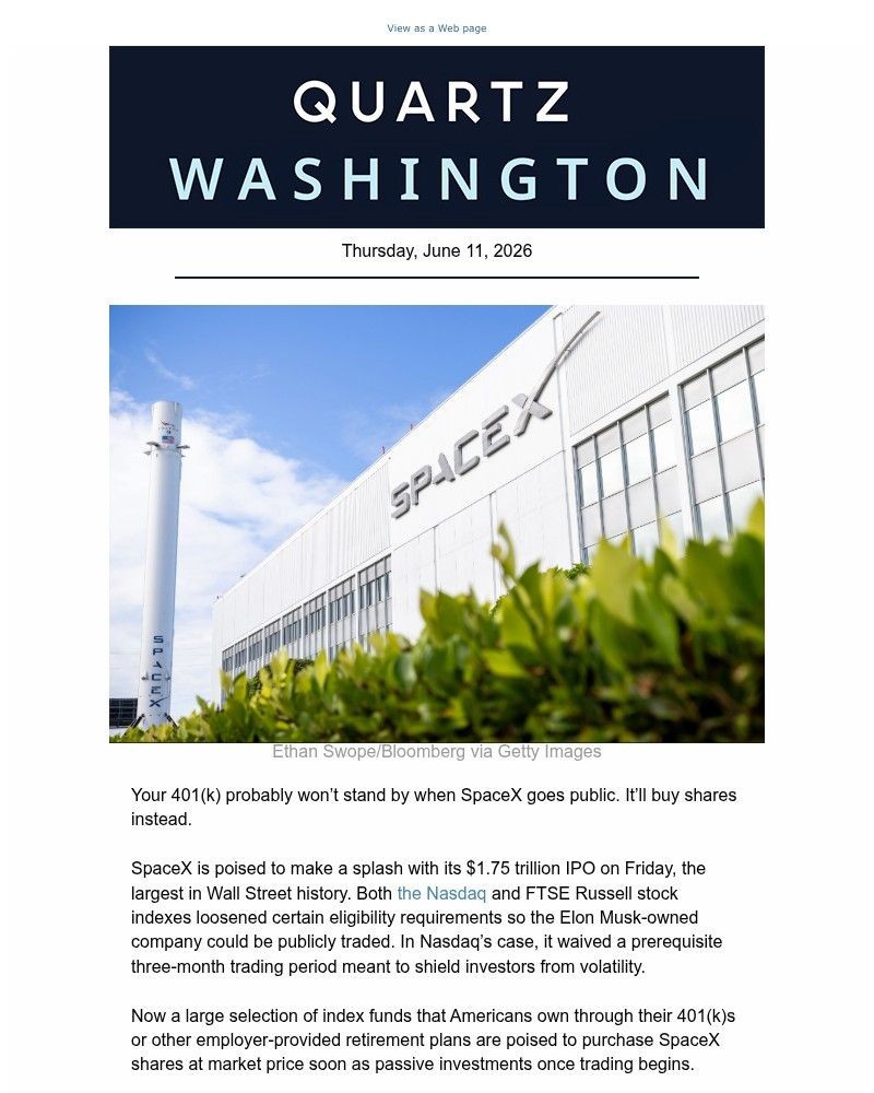 Screenshot of email sent to a Quartz Newsletter subscriber