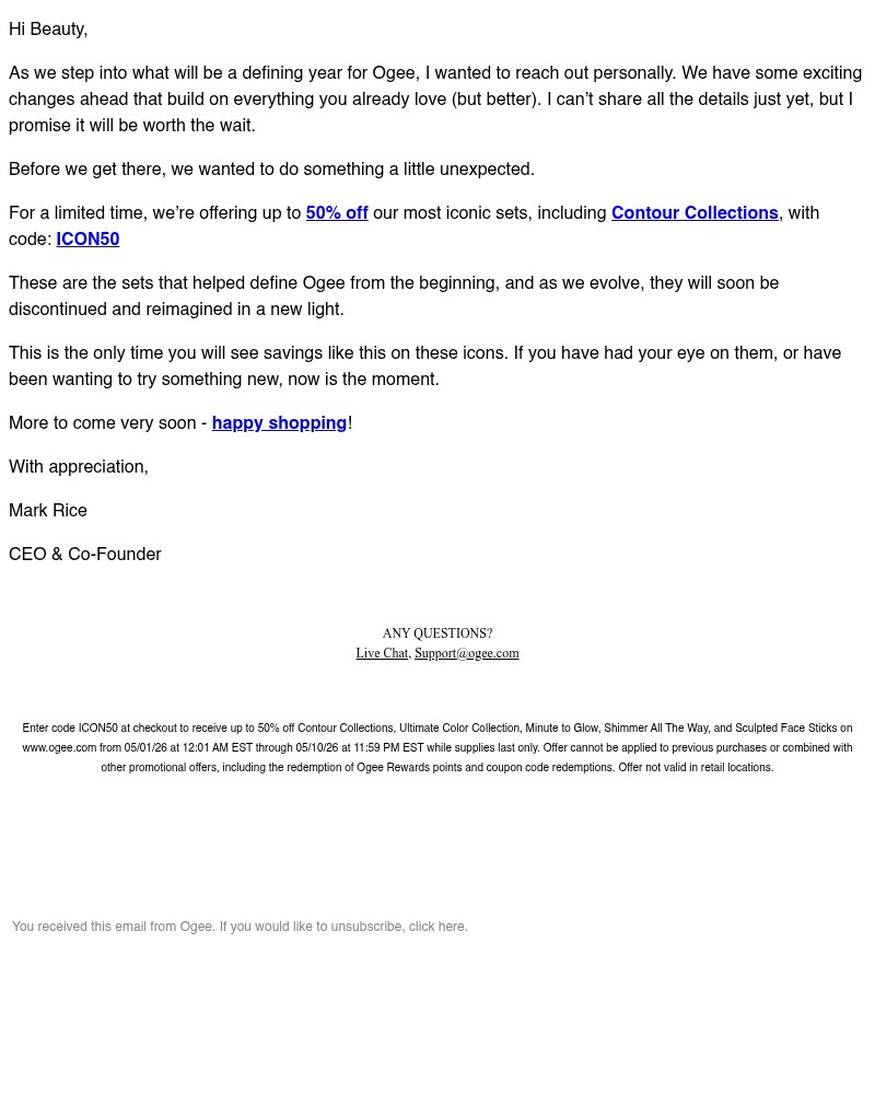 Screenshot of email sent to a Ogee Newsletter subscriber