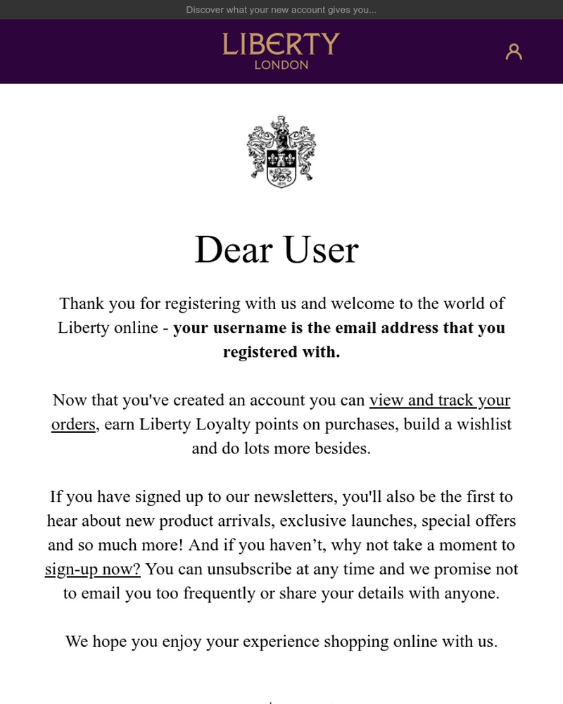 Screenshot of email sent to a Liberty London Registered user