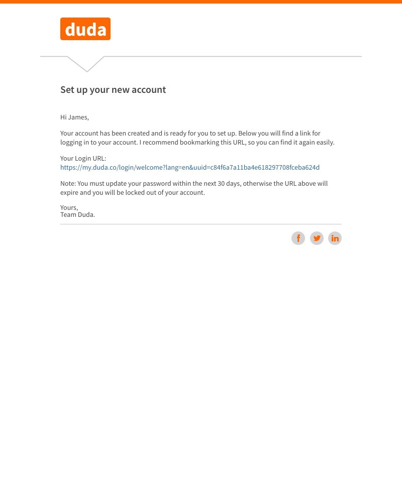 Screenshot of email sent to a Duda Invited user