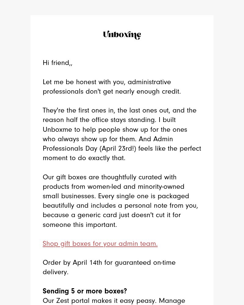 Screenshot of email sent to a Unboxme Newsletter subscriber