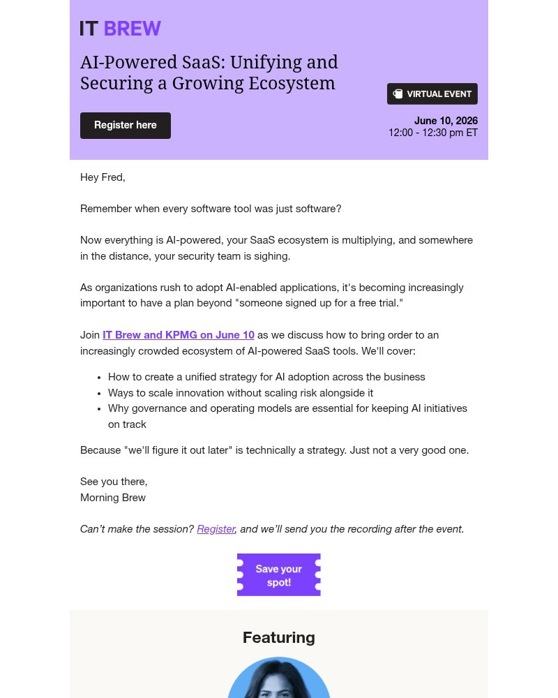 Screenshot of email sent to a Morning Brew Newsletter subscriber