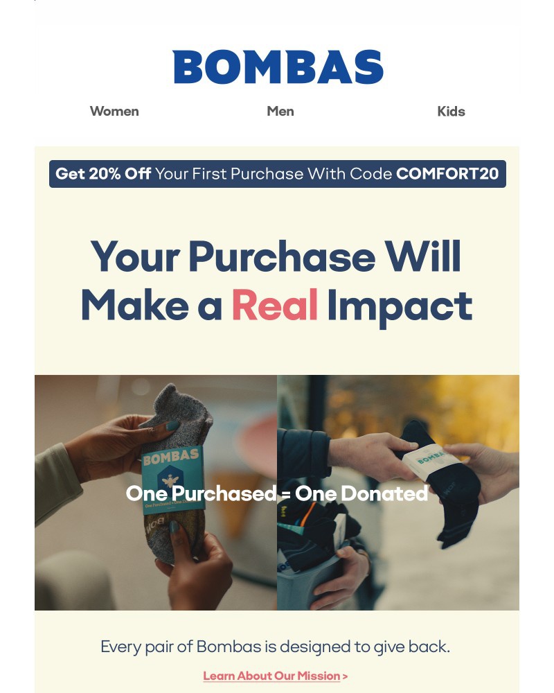 Screenshot of email sent to a Bombas Newsletter subscriber