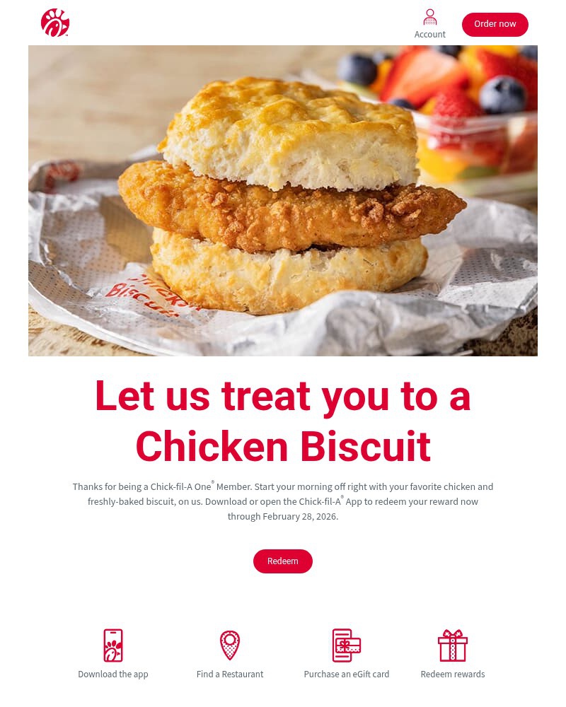 Screenshot of email sent to a Chick-fil-A Registered user