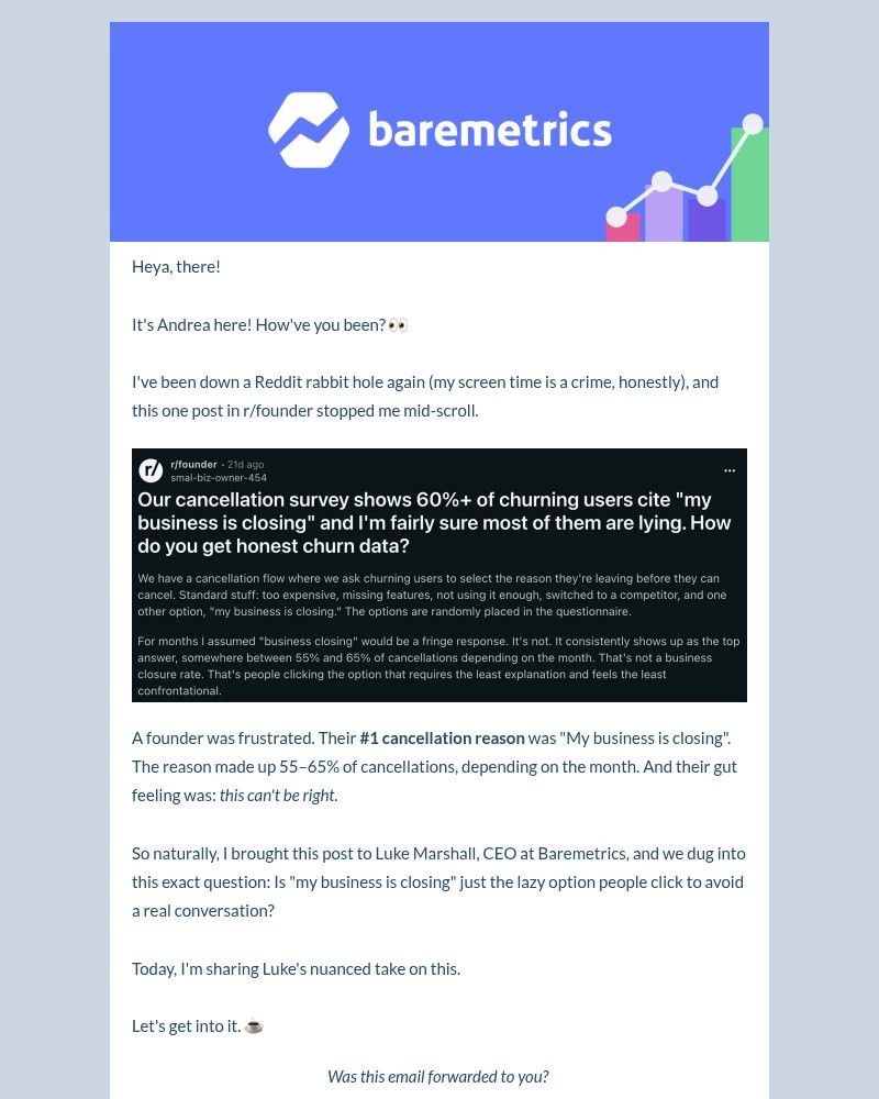 Screenshot of email sent to a Baremetrics Trial user
