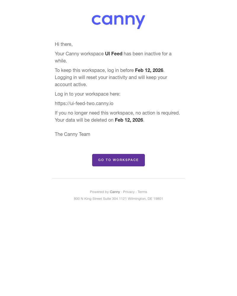 Screenshot of email sent to a Canny Trial user