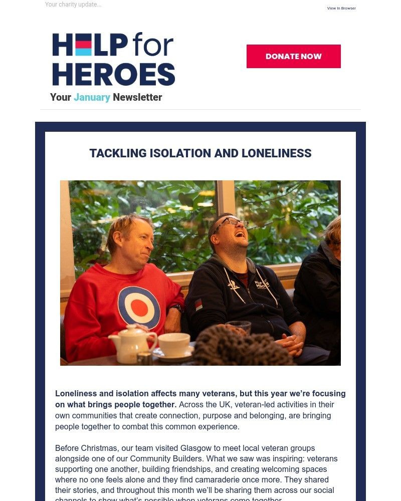 Screenshot of email sent to a Help for Heroes Newsletter subscriber