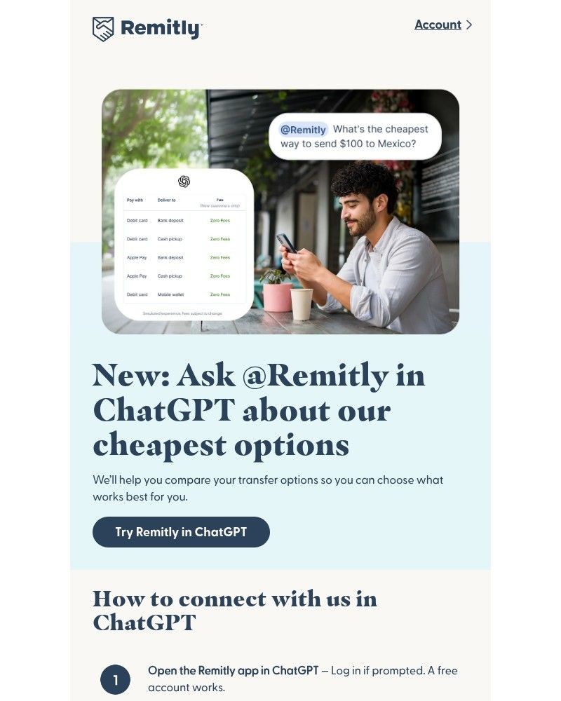 Screenshot of email sent to a Remitly Registered user