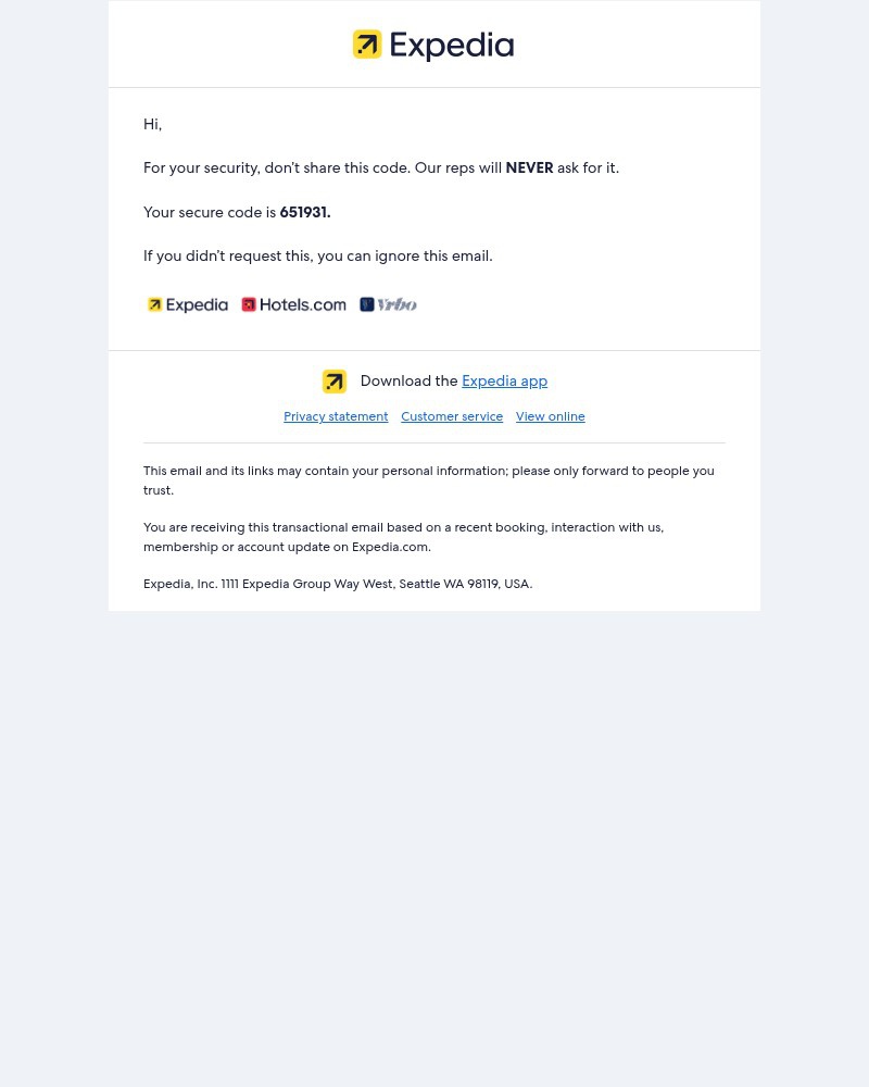 Screenshot of email sent to a Expedia Registered user