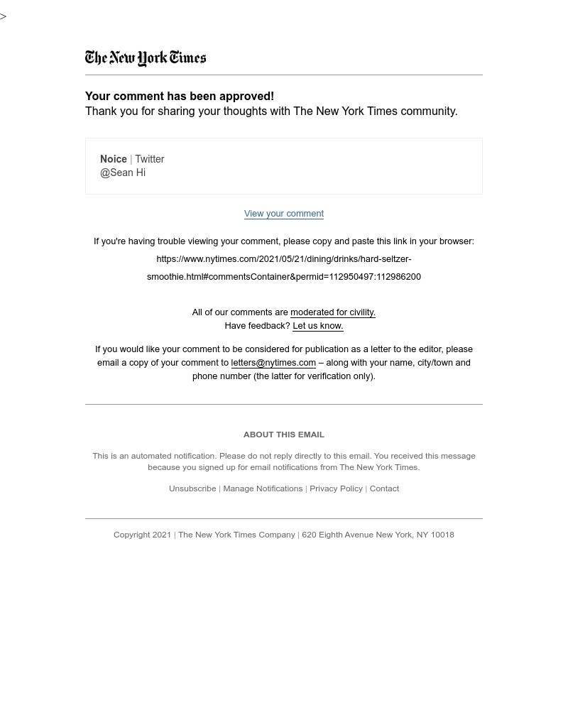 Screenshot of email sent to a The New York Times Customer