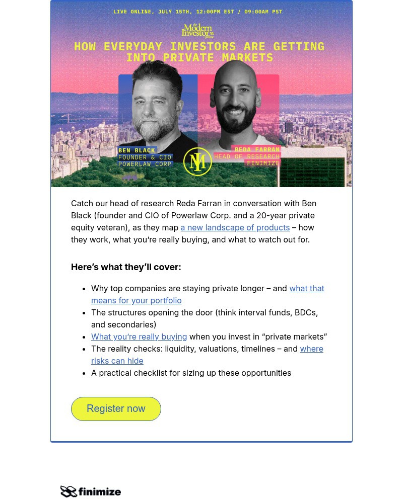 Screenshot of email sent to a Finimize Registered user