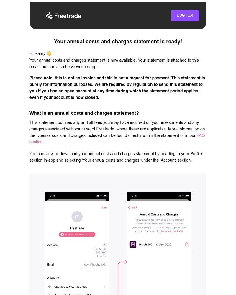 Screenshot of email sent to a Freetrade Registered user