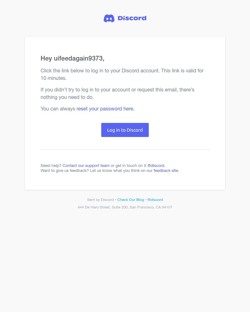 Screenshot of email sent to a Discord Registered user