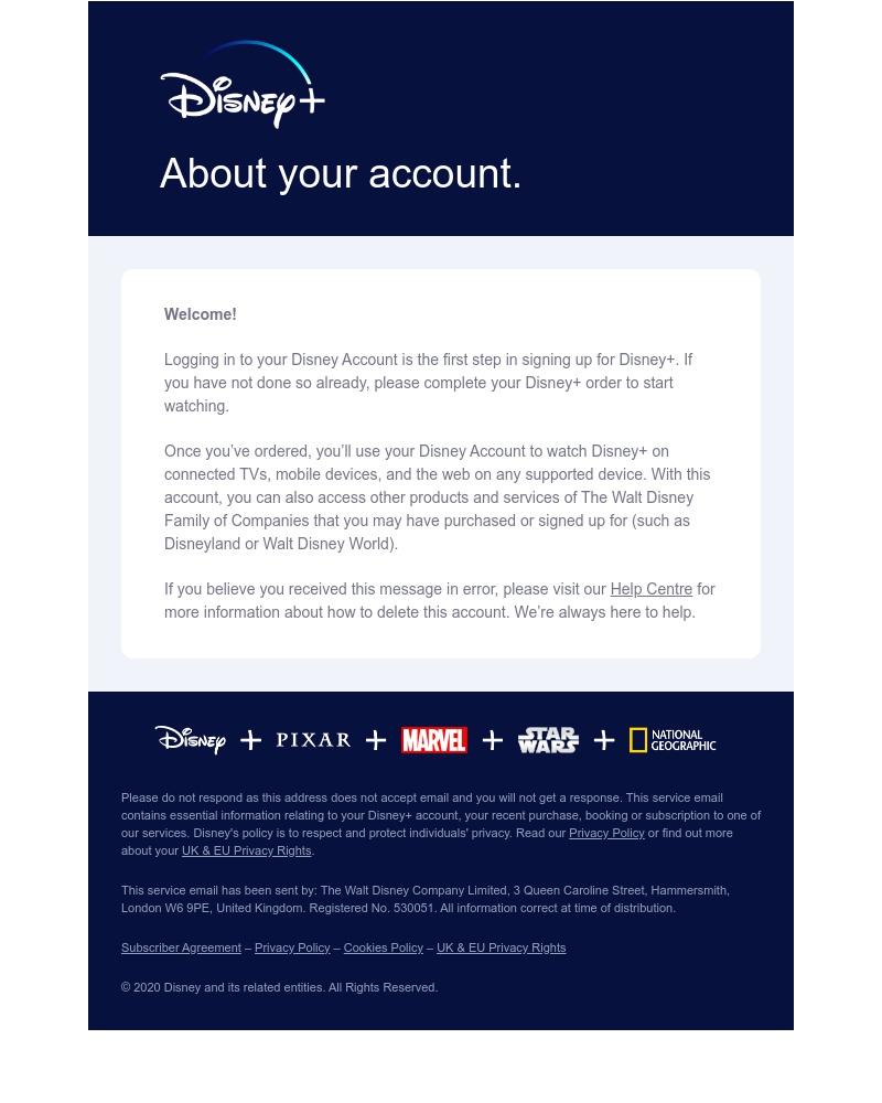 Screenshot of email sent to a Disney+ Trial user