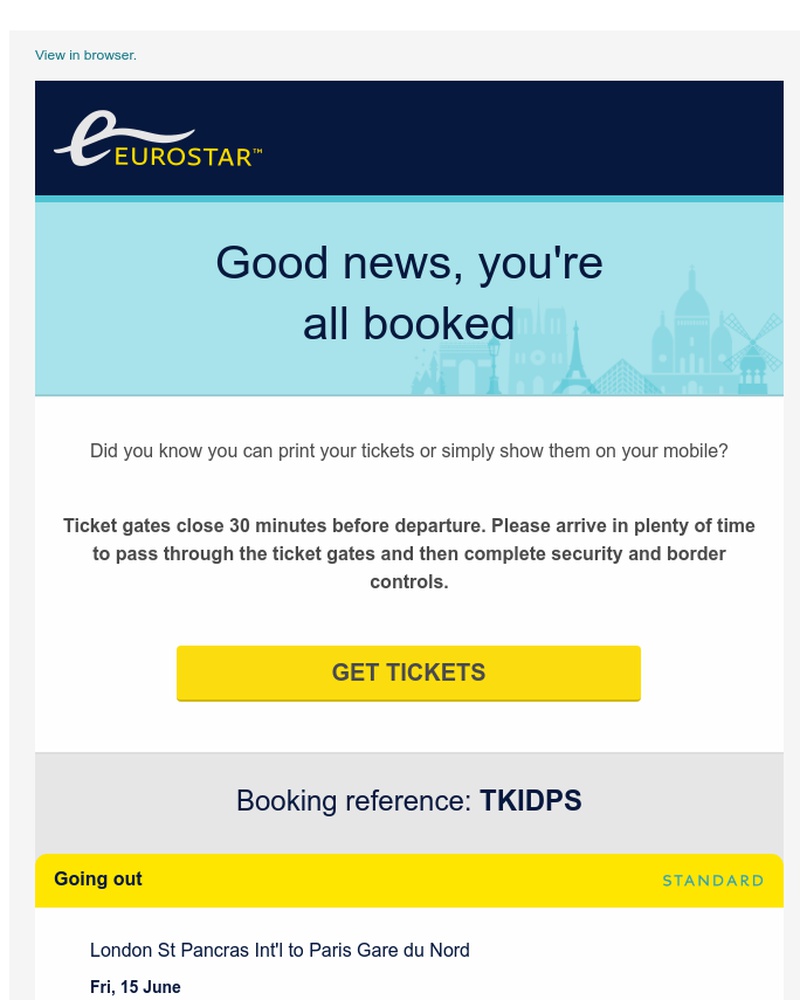 Screenshot of email sent to a Eurostar Customer