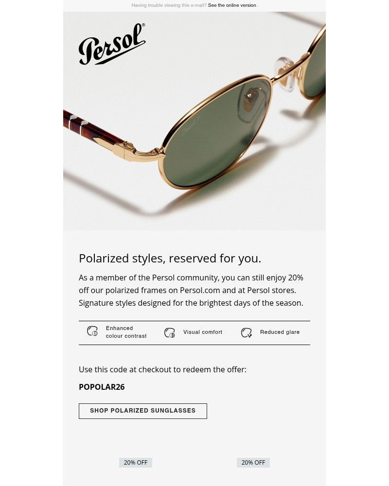 Screenshot of email sent to a Persol Newsletter subscriber