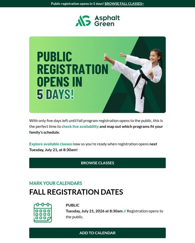 Screenshot of email sent to a Asphalt Green Newsletter subscriber