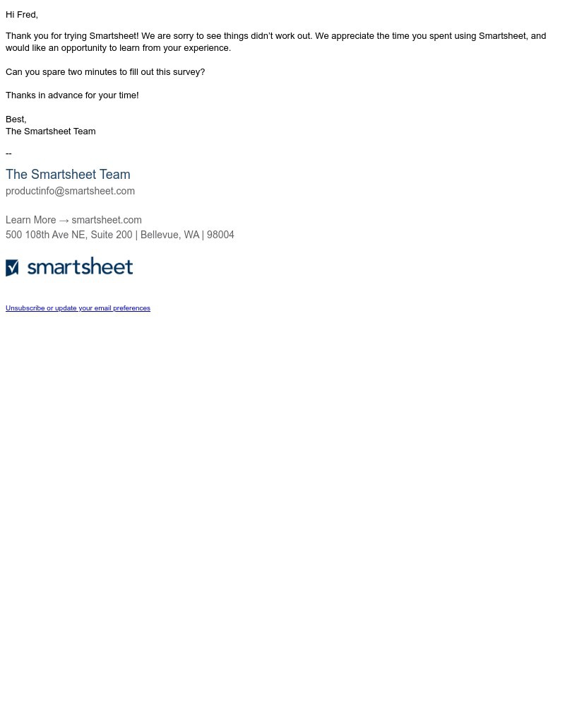 Screenshot of email sent to a Smartsheet Trial user