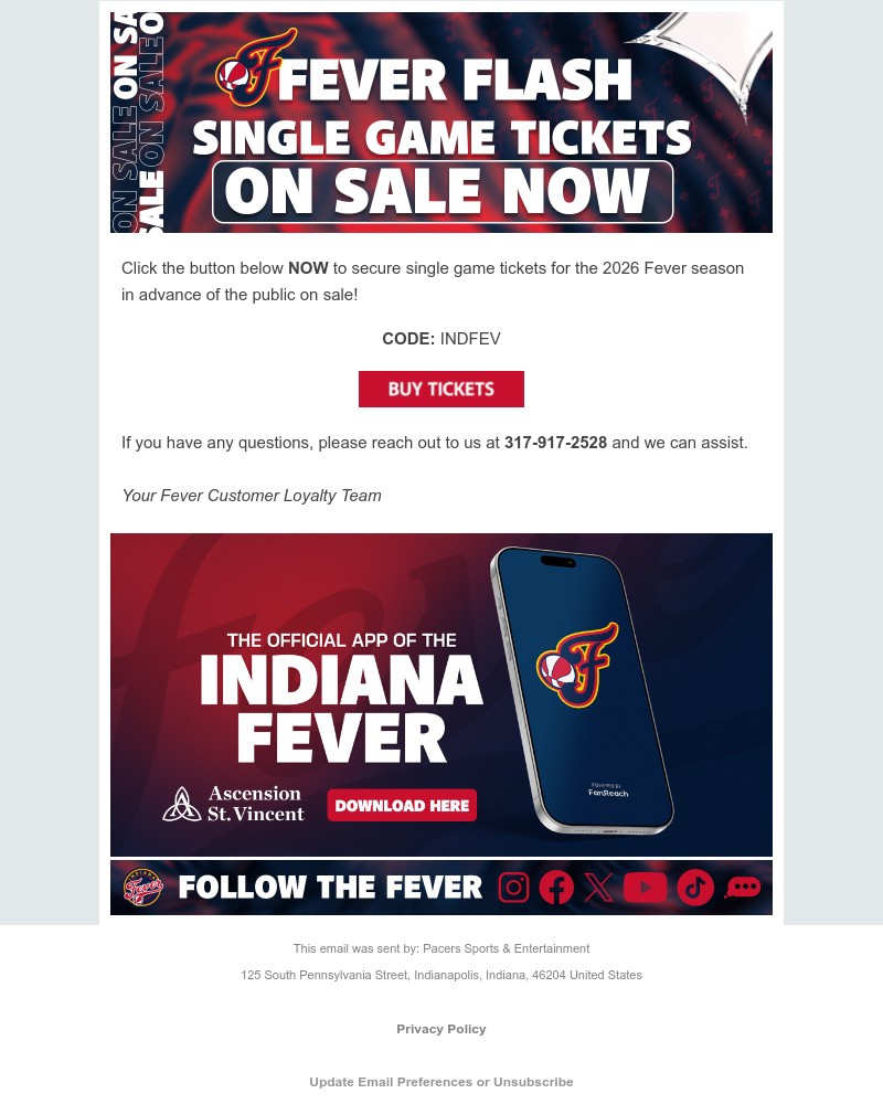 Screenshot of email sent to a Indiana Fever Newsletter subscriber
