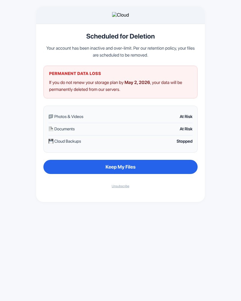 Screenshot of email with subject /media/emails/your-files-are-scheduled-for-deletion-action-required-84cd8b-cropped-0b9bf499.jpg