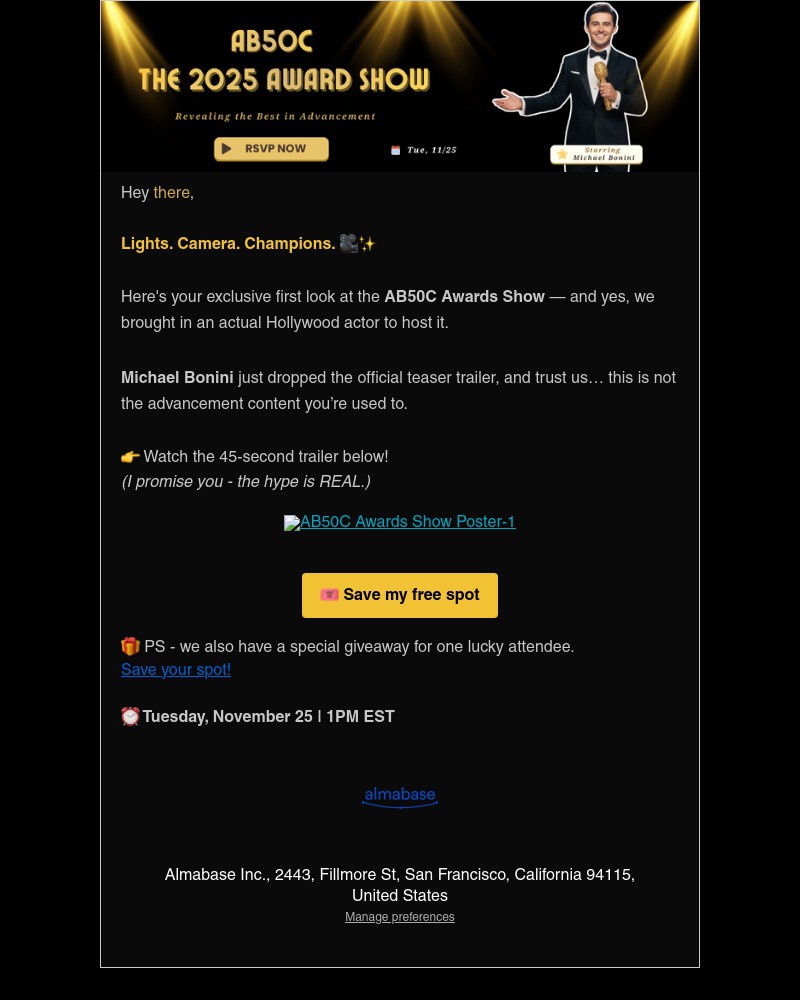 Screenshot of email sent to a Almabase Newsletter subscriber