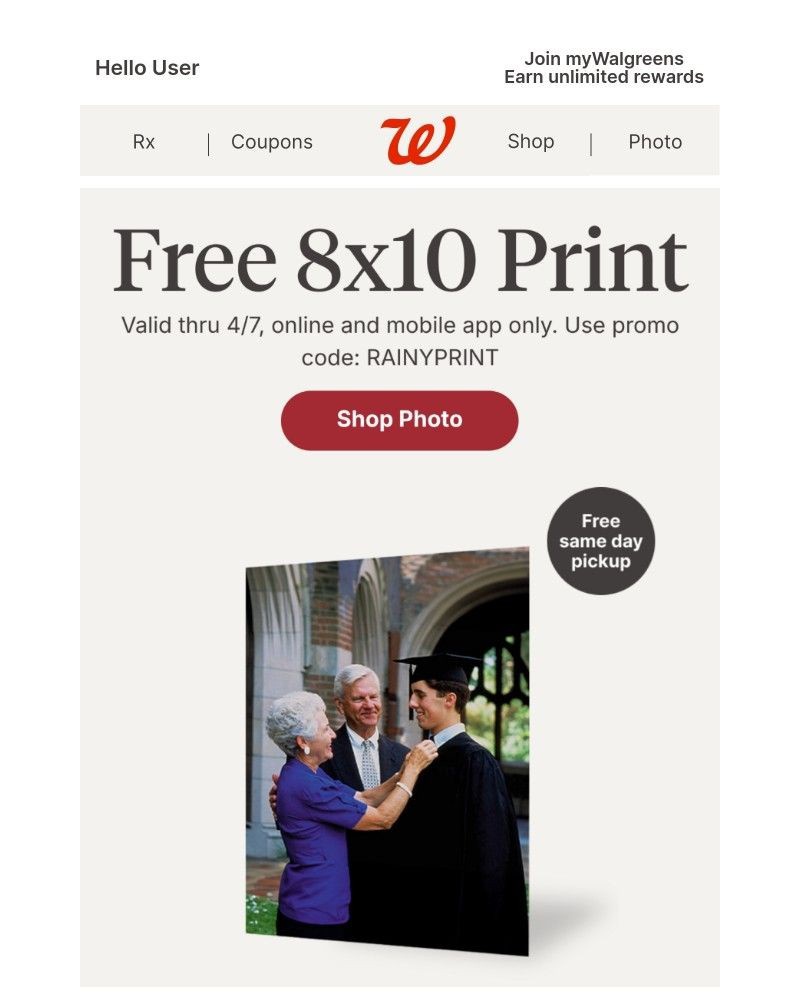 Screenshot of email sent to a Walgreens Registered user