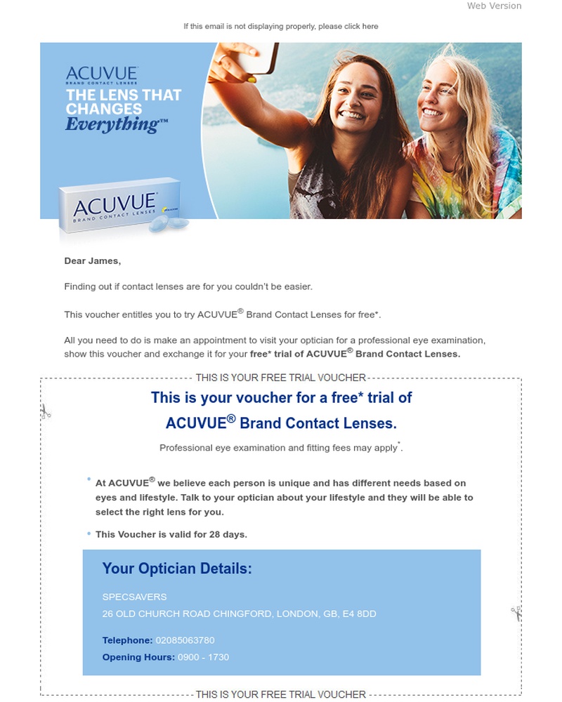 Screenshot of email sent to a Acuvue Trial user