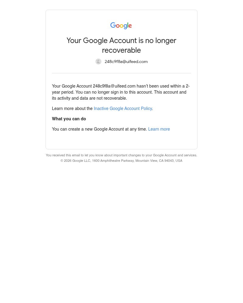 Screenshot of email sent to a YouTube Registered user