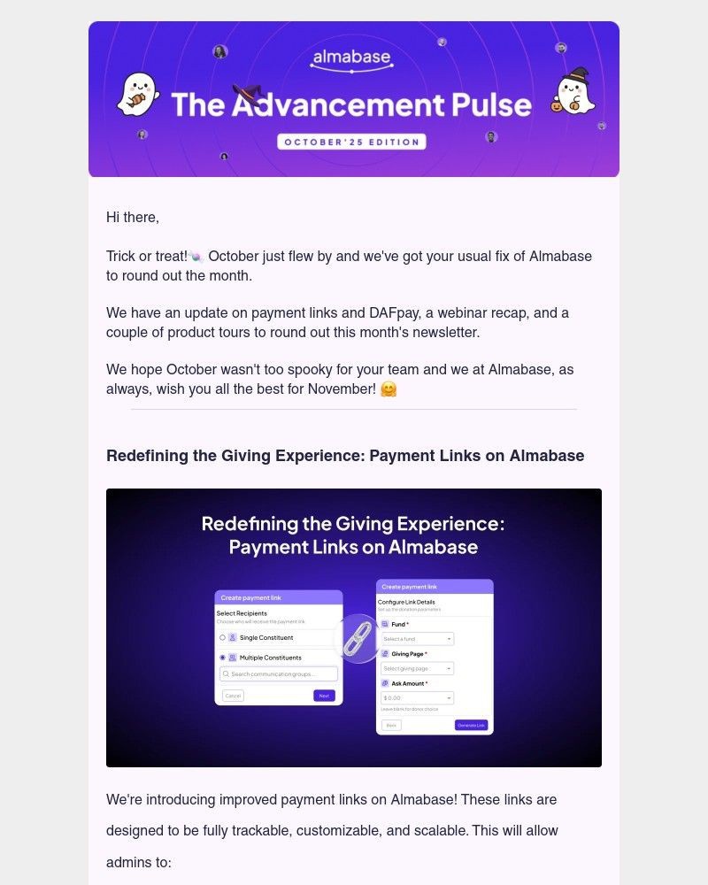 Screenshot of email sent to a Almabase Newsletter subscriber