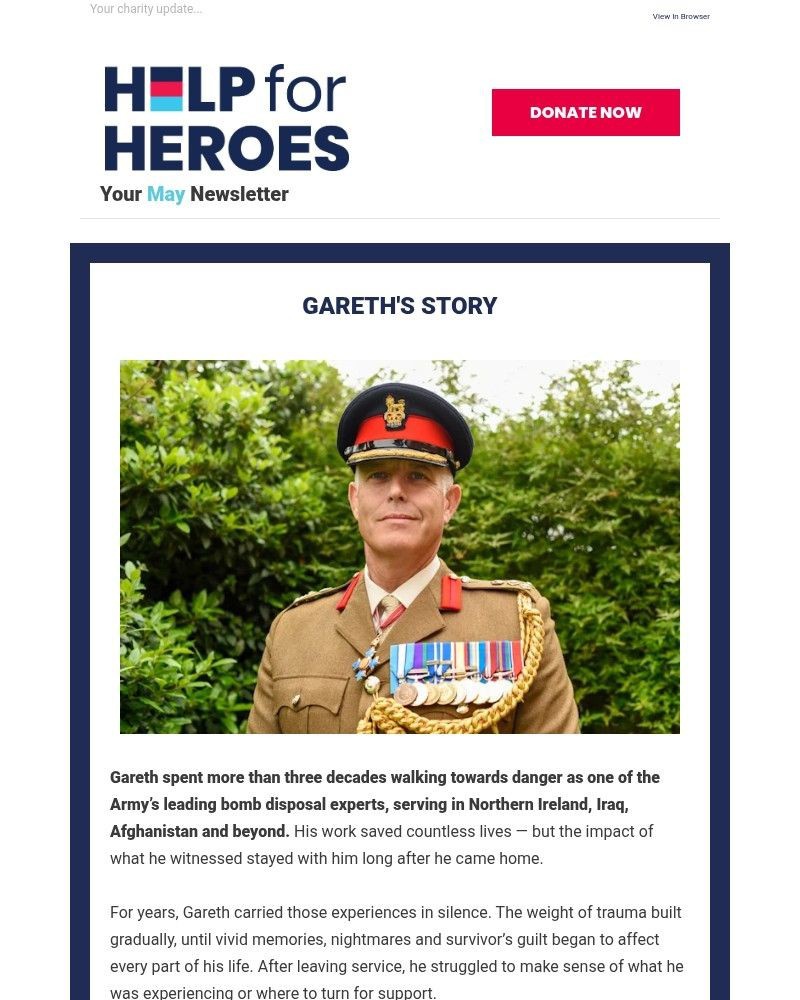 Screenshot of email sent to a Help for Heroes Newsletter subscriber