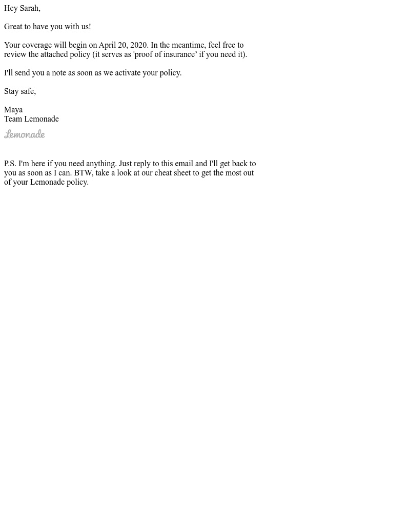 Screenshot of email sent to a Lemonade Registered user