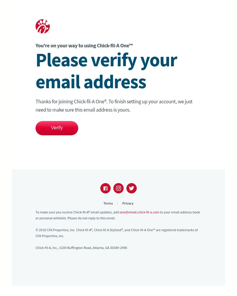 Screenshot of email sent to a Chick-fil-A Registered user