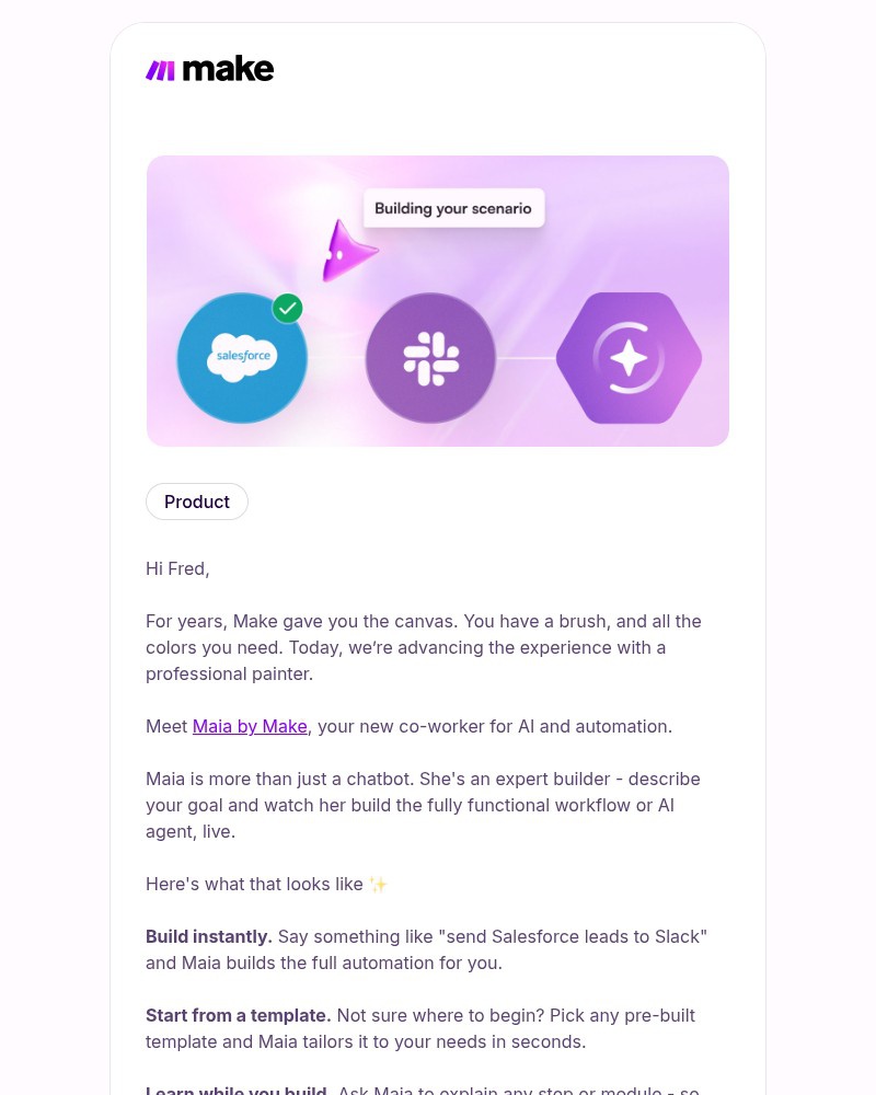 Screenshot of email sent to a Make Trial user