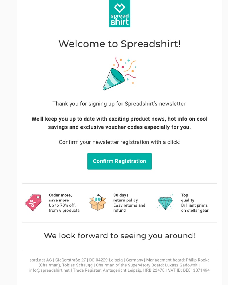 Screenshot of email sent to a Spreadshirt Newsletter subscriber