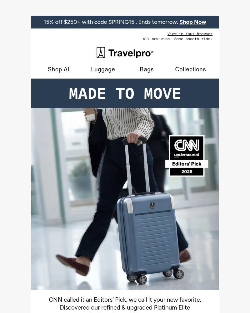 Screenshot of email sent to a Travelpro Newsletter subscriber