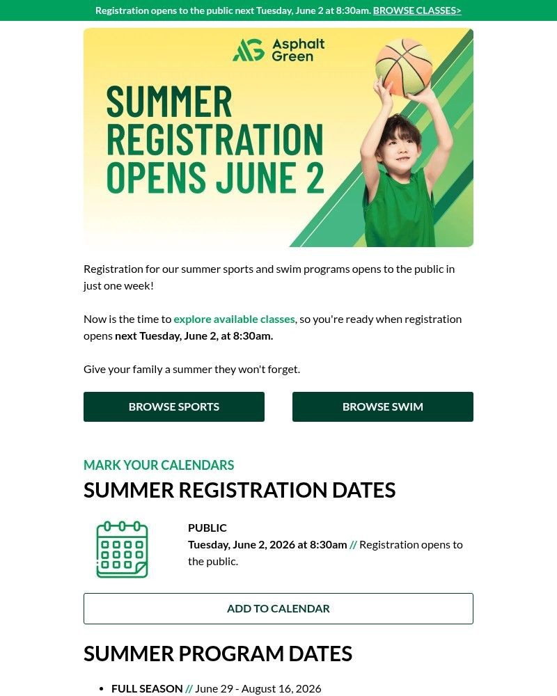 Screenshot of email sent to a Asphalt Green Newsletter subscriber