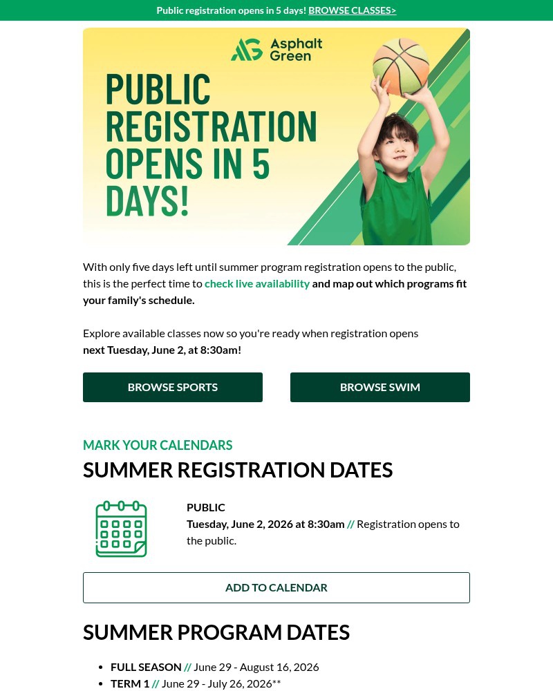 Screenshot of email sent to a Asphalt Green Newsletter subscriber