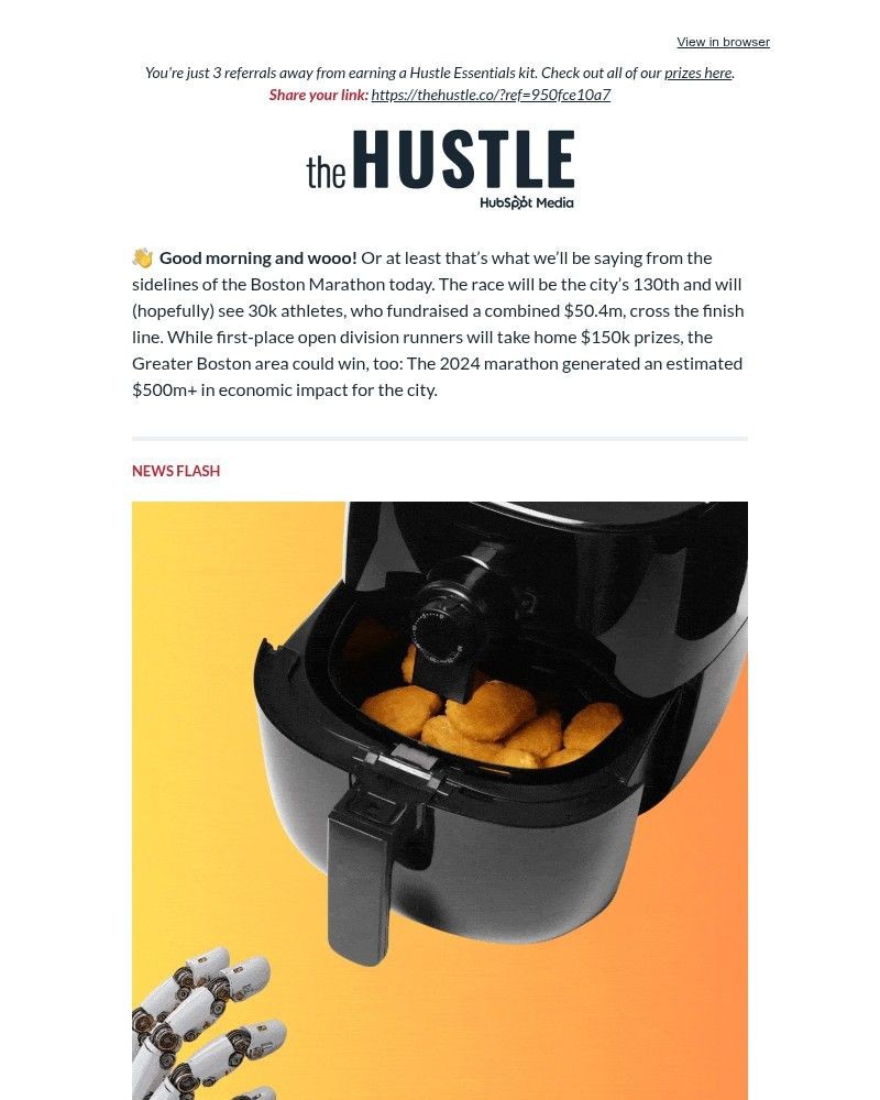 Screenshot of email sent to a The Hustle Newsletter subscriber