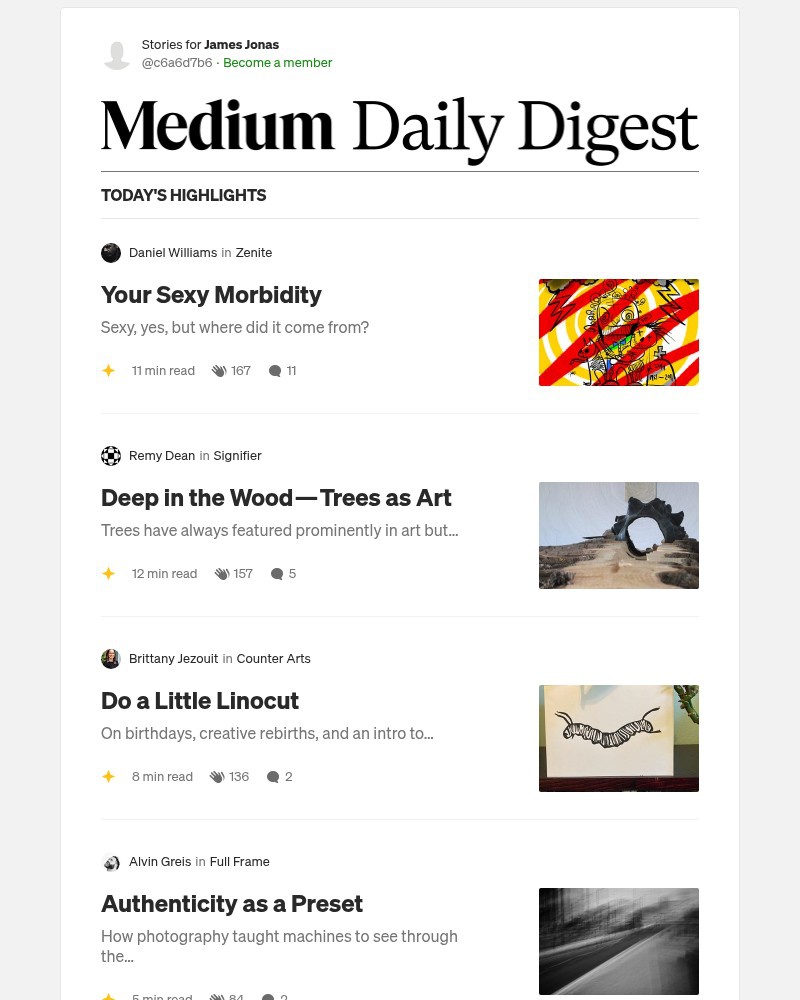 Screenshot of email sent to a Medium Registered user